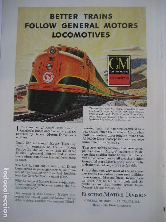 Cataloghi pubblicitari: Ferrocarriles. Trenes. General Motors Locomotives. Anuncio de revista americana. 25 x17. 1948