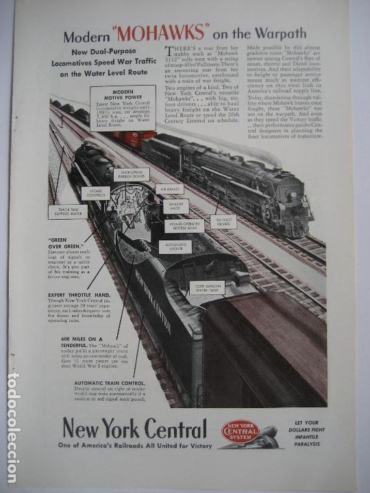 Cataloghi pubblicitari: Ferrocarriles. Trenes. New York Central. Anuncio de revista americana. 25 x17. 1944