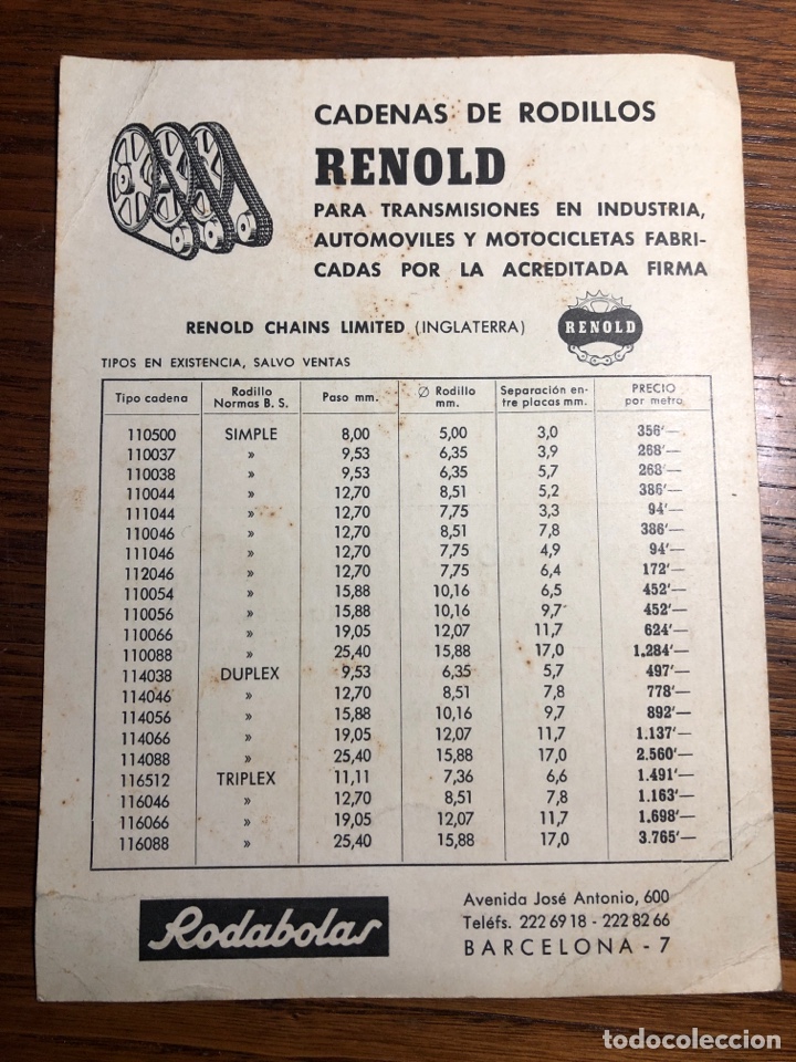 Cat&aacute;logos publicitarios: HOJA CAT&Aacute;LOGO CADENAS DE RODILLOS RENOLD RODABOLAS