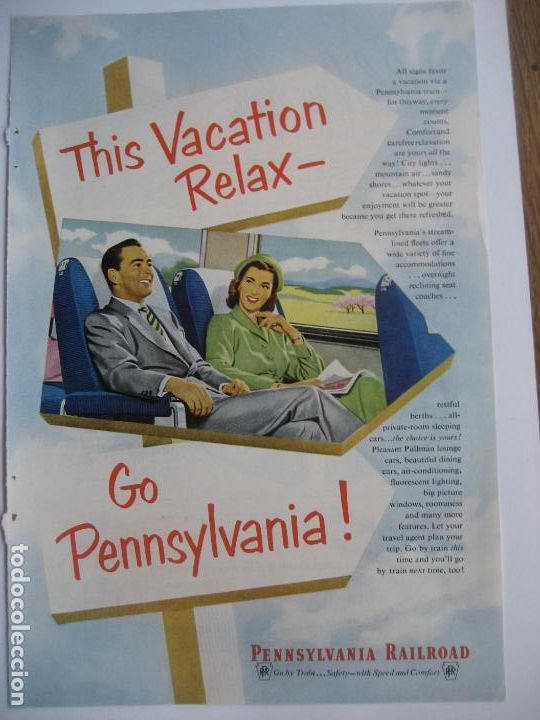 Cat&aacute;logos publicitarios: Ferrocarriles. Trenes. Pennsylvania Railroad. Anuncio de revista americana. 25 x17. 1952