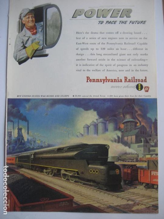 Cat&aacute;logos publicitarios: Ferrocarriles. Trenes. Pennsylvania Railroad. Anuncio de revista americana. 25 x17. 1945