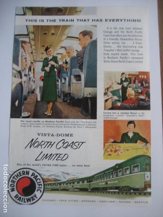 Cat&aacute;logos publicitarios: Ferrocarriles. Trenes. North Pacific Railway. Anuncio de revista americana. 25 x17. 1956