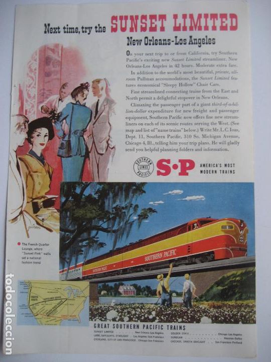 Cat&aacute;logos publicitarios: Ferrocarriles. Trenes. Souther Lines Pacific . Anuncio de revista americana. 25 x17. 1951