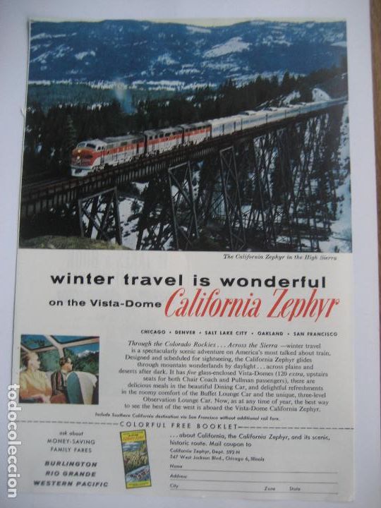 Cat&aacute;logos publicit&aacute;rios: Ferrocarriles. Trenes. California Zephyr . Anuncio de revista americana. 25 x17. 1959