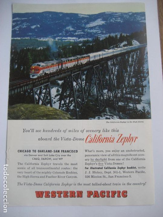 Cat&aacute;logos publicit&aacute;rios: Ferrocarriles. Trenes. California Zephyr . Anuncio de revista americana. 25 x17. 1957