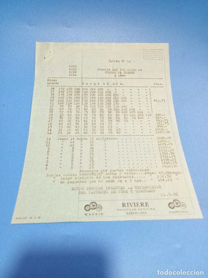 Werbekataloge: LISTA PRECIOS PUNTAS DE HIERRO. SOCIEDAD RIVIERE. BARCELONA. 1950.