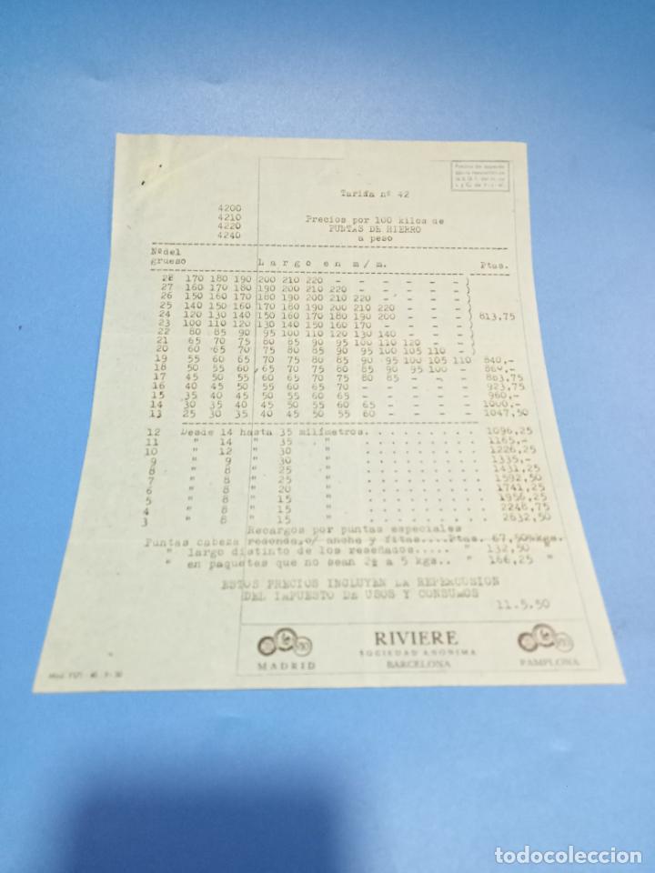 Werbekataloge: LISTA PRECIOS PUNTAS DE HIERRO. SOCIEDAD RIVIERE. BARCELONA. 1950.