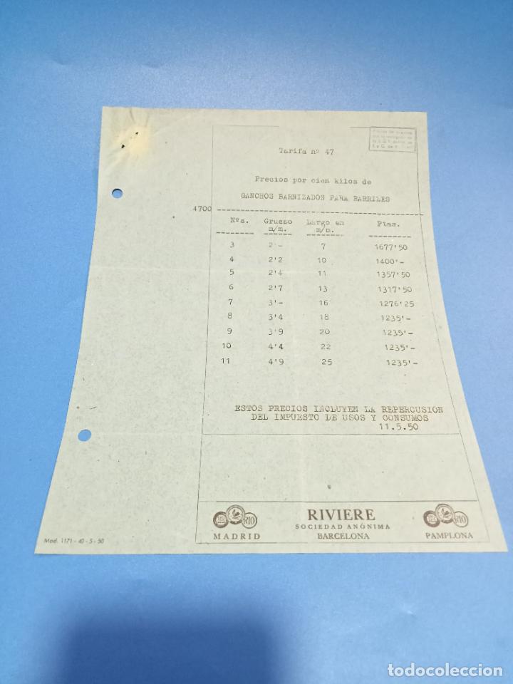 Werbekataloge: LISTA PRECIOS GANCHOS BARNIZADOS PARA BARRILES. SOCIEDAD RIVIERE. BARCELONA. 1950.