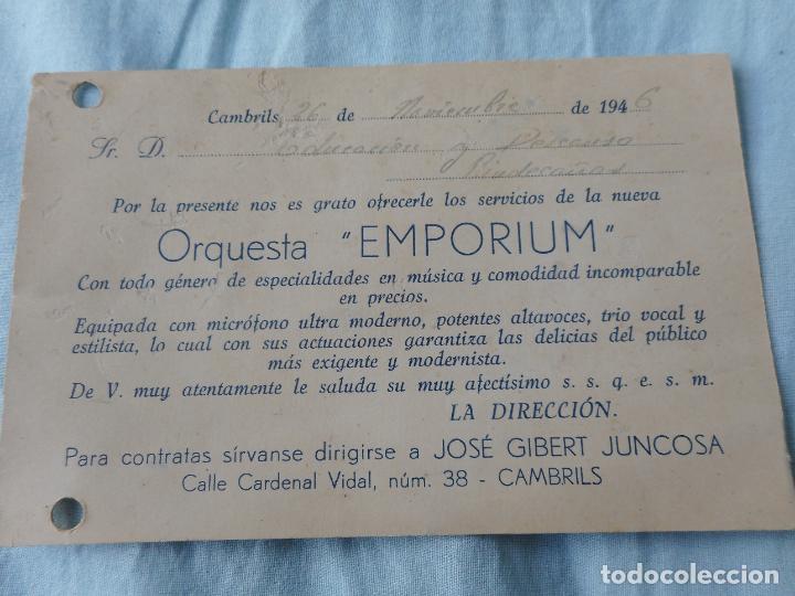 Catalogues publicitaires: ANTIGUA TARJETA ORQUESTA MUSICAL EMPORIUM JOSE GIBERT JUNCOSA CAMBRILS TARRAGONA 1946