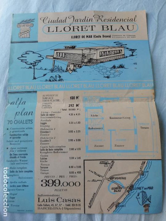 Cat&aacute;logos publicitarios: ANTIGUA PUBLICIDAD CIUDAD RESIDENCIAL LLORET BLAU. LLORET DE MAR. LUIS CASAS. A&Ntilde;OS 60?