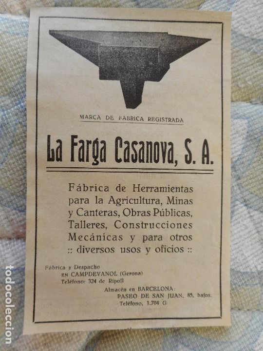 Catálogos publicitarios: ANTIGUA PUBLICIDAD LA FARGA CASANOVA S.A HERRAMIENTAS CAMPDEVANOL GERONA 1928 - Foto 1