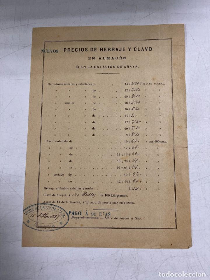 Cat&aacute;logos publicit&aacute;rios: LISTA DE PRECIOS DE HERRAJE Y CLAVO. VIUDA DE URIGOITIA E HIJA. ARAYA, 1889