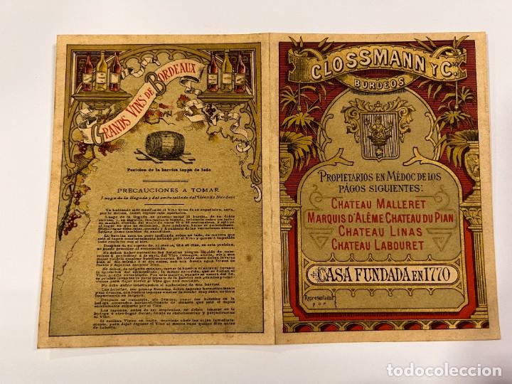 Cat&aacute;logos publicit&aacute;rios: LISTA DE PRECIOS DE VINOS CLOSSMANN Y CIA. LITOGRAFIA. A.BELLIER & C&ordm;.BORDEAUX. BURDEOS (FRANCIA)