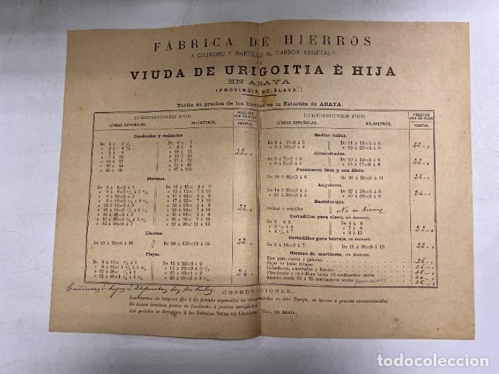 Cat&aacute;logos publicit&aacute;rios: TARIFA DE PRECIOS DE HIERROS EN ESTACI&Oacute;N DE ARAYA.F&Aacute;BRICA DE HIERROS. VDA. DE URIGOITIA E HIJA.&Aacute;LAVA