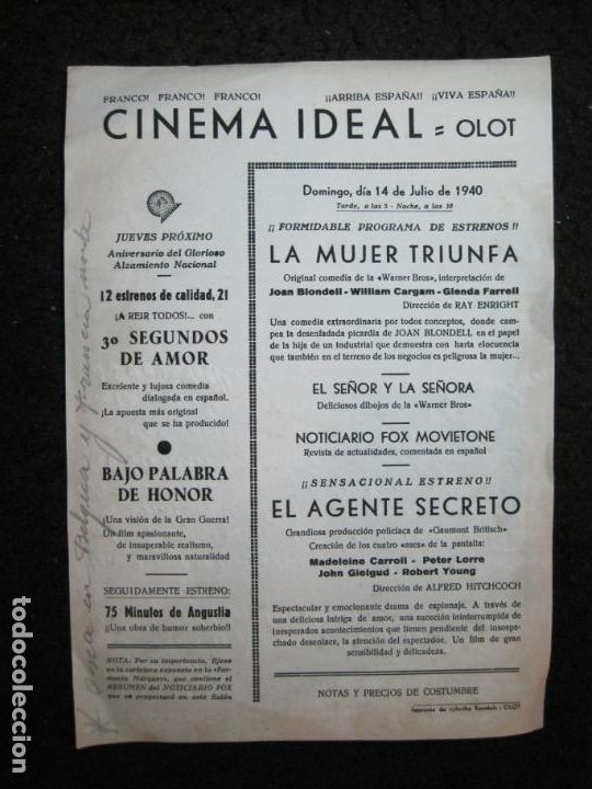 Cat&aacute;logos publicit&aacute;rios: OLOT-CINEMA IDEAL-LA MUJER TRIUNFA-AGENTE SECRETO-PROGRAMA DE CINE 14 JULIO 1940-VER FOTOS-(K-7301)