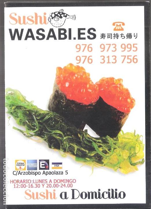 Catalogues publicitaires: Sushi. Wassabi,es. Zaragoza. Publicidad/Carta. Cuadriptico. 15 x 11 cm.