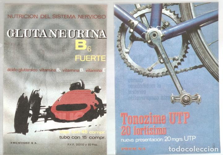 Cataloghi pubblicitari: 2 Hojas publicidad farmacia.Glutaneurina y Tonozime. Cohe y Bici. A&ntilde;os 50. 12 x 18 cms. Vell i Bell