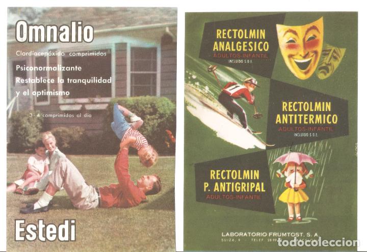 Cataloghi pubblicitari: 2 Hojas publicidad farmacia. Omnalio y Rectolmin. Cohe y Bici. A&ntilde;os 50. 12 x 18 cms. Vell i Bell