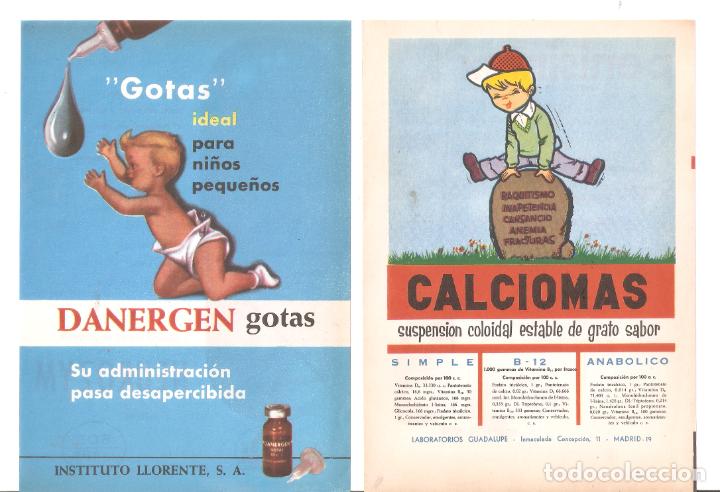 Cataloghi pubblicitari: 2 Hojas publicidad farmacia. Calciomas y Danergen. Dibujo ni&ntilde;os. A&ntilde;os 50. 12 x 18 cms. Vell i Bell