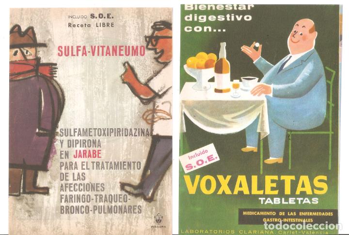 Cataloghi pubblicitari: 2 Hojas publicidad farmacia. Voxaletas y Sulfa-Vitaneumo. Dibujo. A&ntilde;os 50. 12 x 18 cms. Vell i Bell