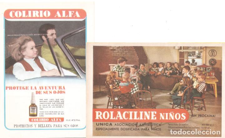 Cataloghi pubblicitari: 2 Hojas publicidad farmacia.Rolaciline y Alfa colirio. Dibujo. A&ntilde;os 50. 12 x 18 cms. Vell i Bell