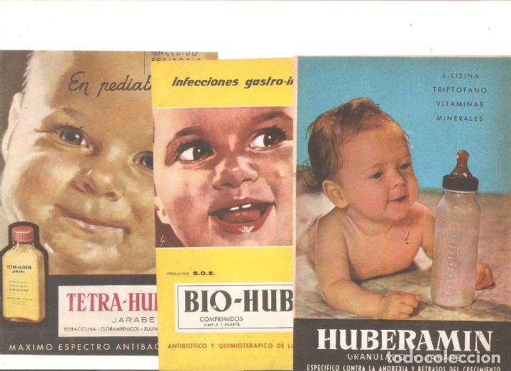 Cataloghi pubblicitari: 3 Hojas publicidad farmacia.Huberamin, Tetra- Huber, Bio H. Dibujo A&ntilde;os 50. 12x18 cms. Vell i Bell