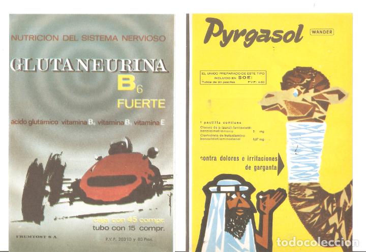 Cataloghi pubblicitari: 2 Hojas publicidad farmacia. Purgasol, Glutaneurina. Dibujo A&ntilde;os 50. 12x18 cms. Vell i Bell