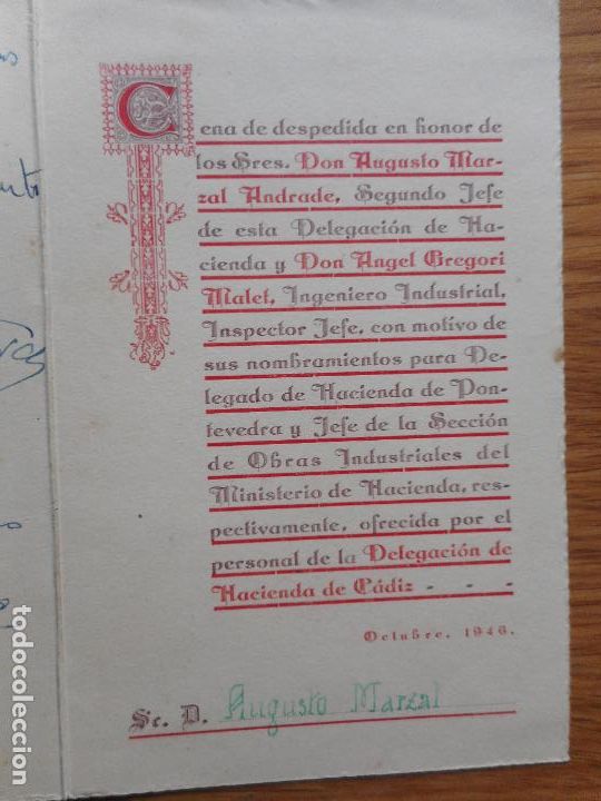 Cat&aacute;logos publicitarios: ANTIGUA MINUTA CENA DESPEDIDA AUGUSTO MARZAL ANDRADE-ANGEL GREGORI MALET. HOTEL ROMA CADIZ 1946