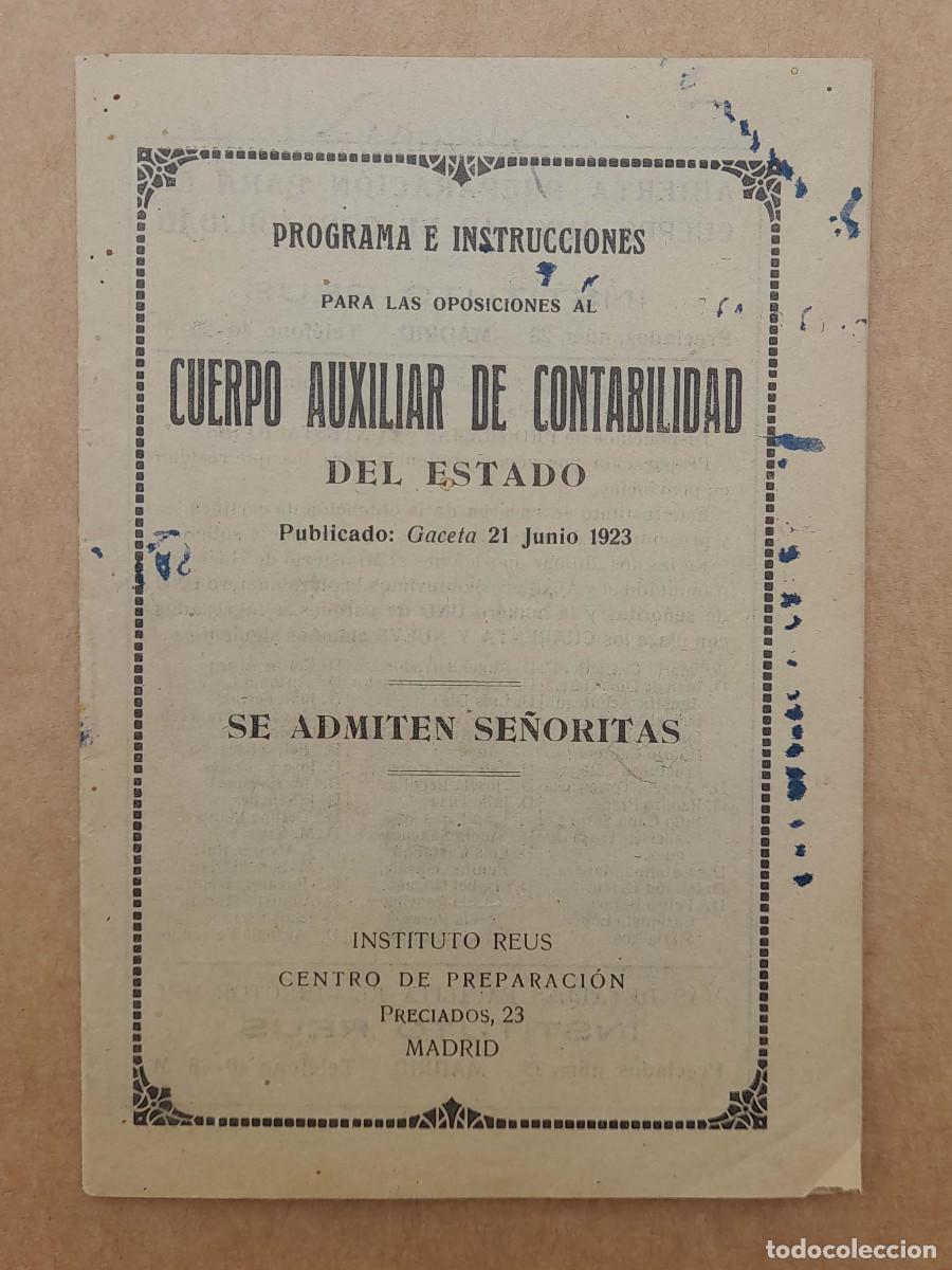 Cat&aacute;logos publicitarios: Programa e intrucciones para las oposiciones. Cuerpo Auxiliar de Contabilidad. Reus. A&ntilde;o 1924.