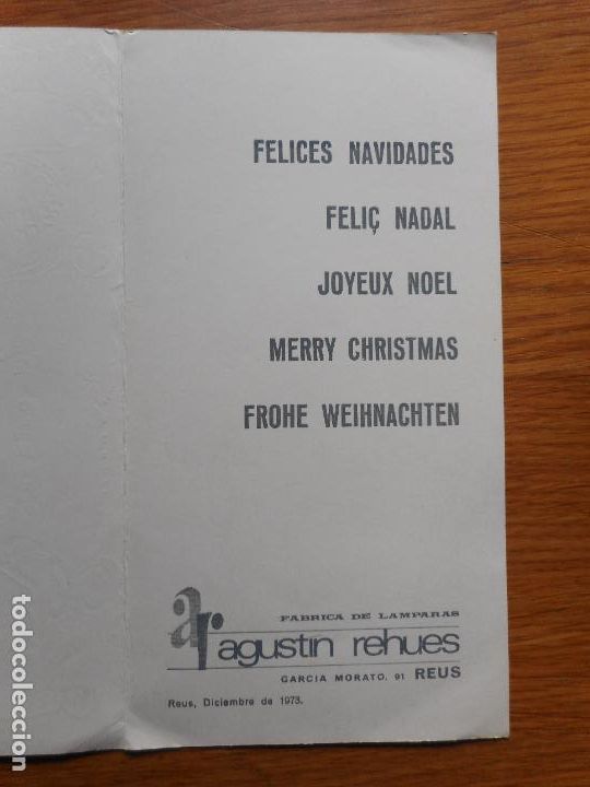 Cat&aacute;logos publicit&aacute;rios: ANTIGUA TARJETA AGUSTIN REHUES FABRICA DE LAMPARAS. REUS TARRAGONA 1973