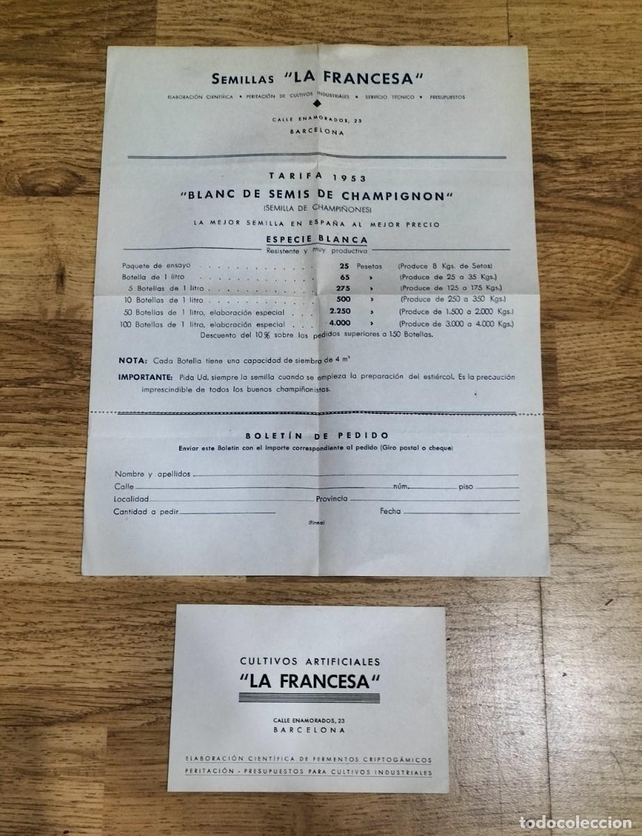 Werbekataloge: BOLET&Iacute;N DE PEDIDO Y TARIFAS + TARJETA DE CULTIVOS ARTIFICIALES Y SEMILLAS LA FRANCESA, 1953