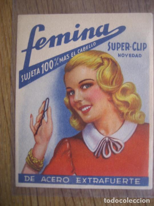 Cat&aacute;logos publicitarios: Femina. Clip para cabello. Targeta publicitaria de 9 x 11.5 cm.