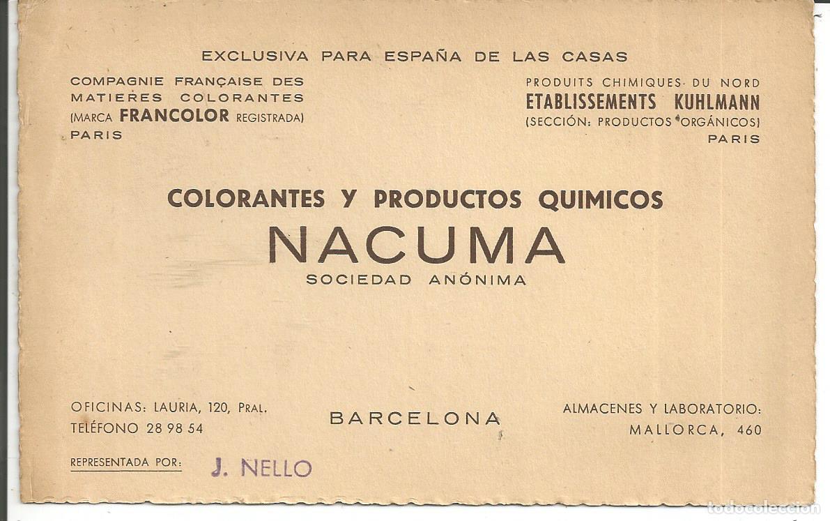 Cat&aacute;logos publicitarios: ANTIGUA TARJETA COMERCIAL *NACUMA, S.A.* COLORANTES Y PRODUCTOS QUIMICOS DE BARCELONA
