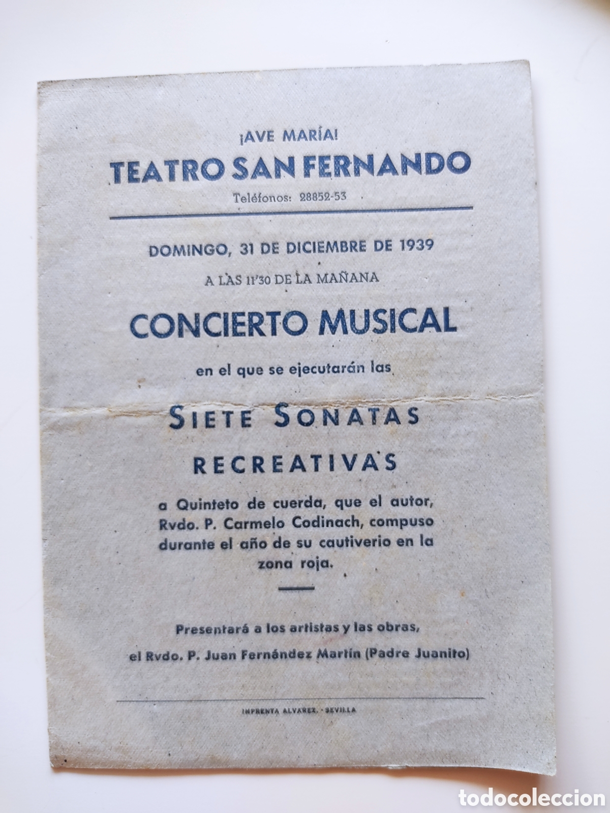 Advertising Catalogs: Teatro San Fernando concierto musical siete sonatas recreativas 1939