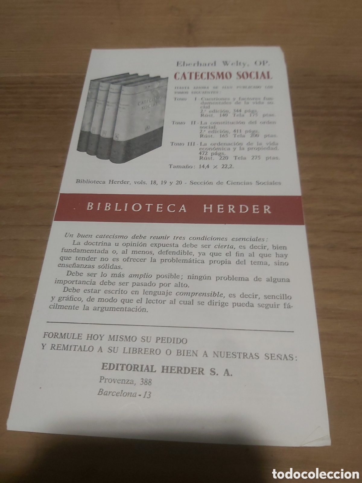 Catalogues publicitaires: Biblioteca herder Barcelona publicidad catecismo social eberhard welty