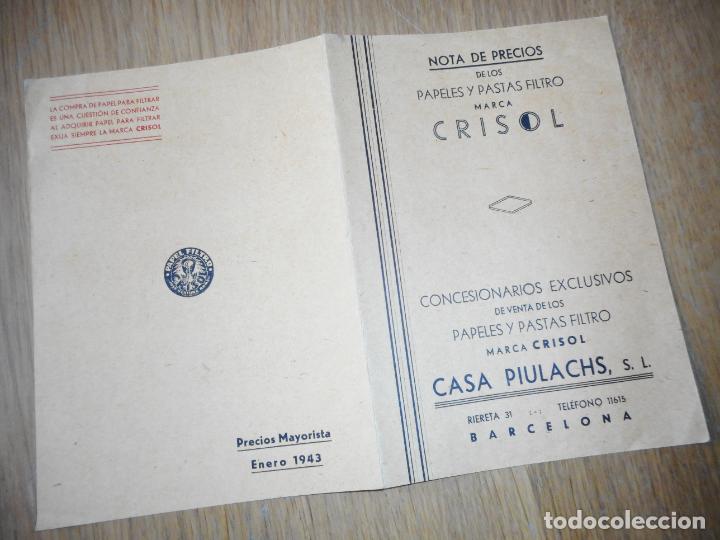 Werbekataloge: ANTIGUO DIPTICO NOTA PRECIOS PAPELES Y PASTAS FILTRO MARCA CRISOL. CASA PULACHS S.L BARCELONA 1943