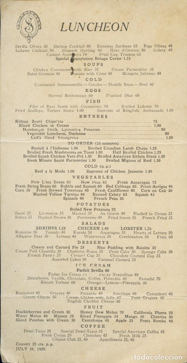 Cat&aacute;logos publicitarios: MUY ANTIGUA MEN&Uacute;/CARTA DE TRANSATL&Aacute;NTICO AMERICANO - 24 DE JULIO DE 1929