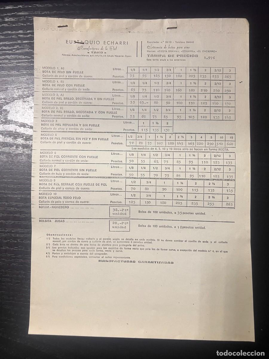 Cat&aacute;logos publicit&aacute;rios: TARIFA DE PRECIOS. EUSTAQUIO ECHARRI. MANUFACTURAS DE LA PIEL. 1976