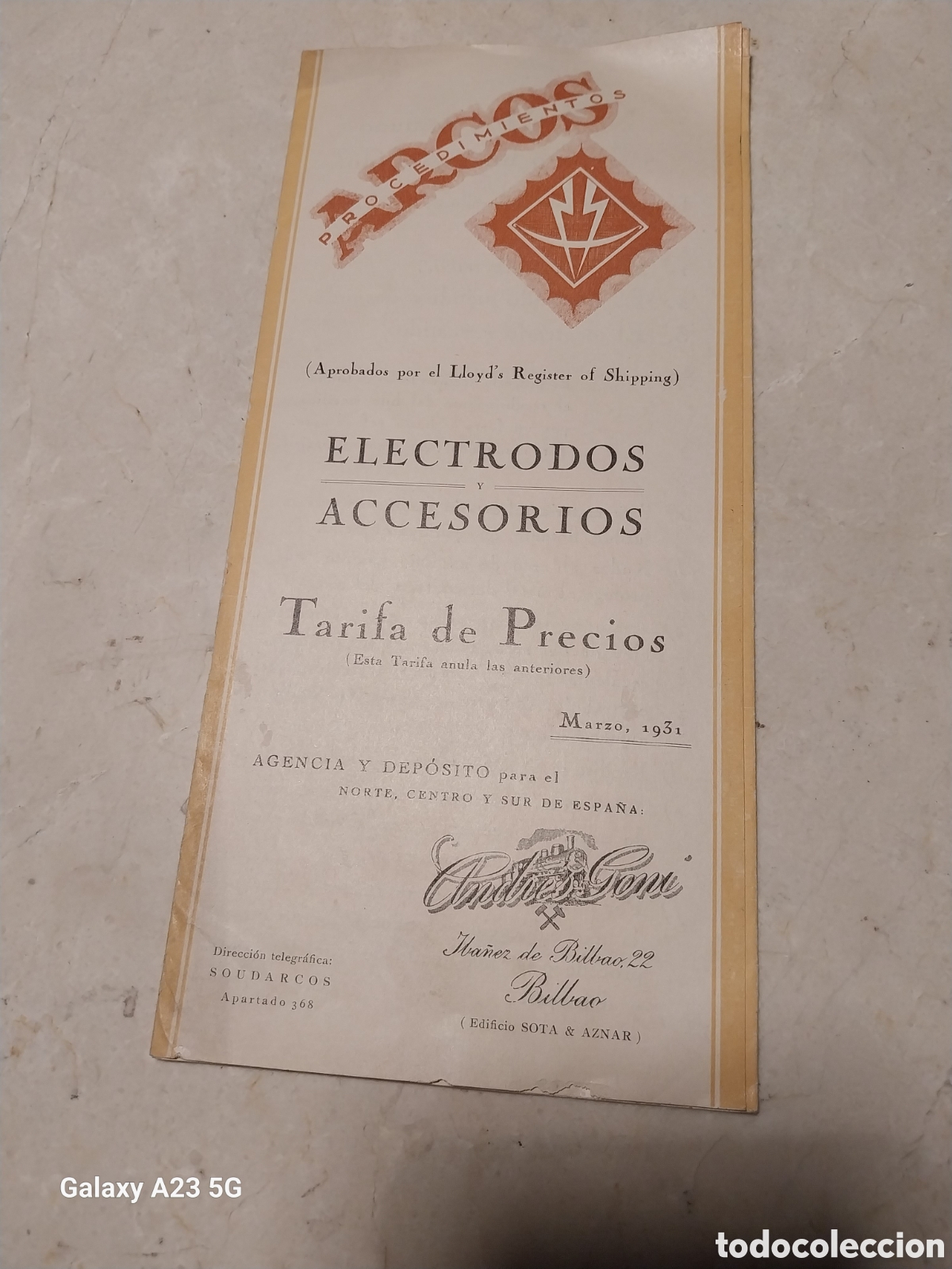 Cat&aacute;logos publicit&aacute;rios: ARCOS PROCEDIMIENTOS. ELECTRODOS Y ACCESORIOS. TARIFA PRECIOS. MARZO 1931 . BILBAO