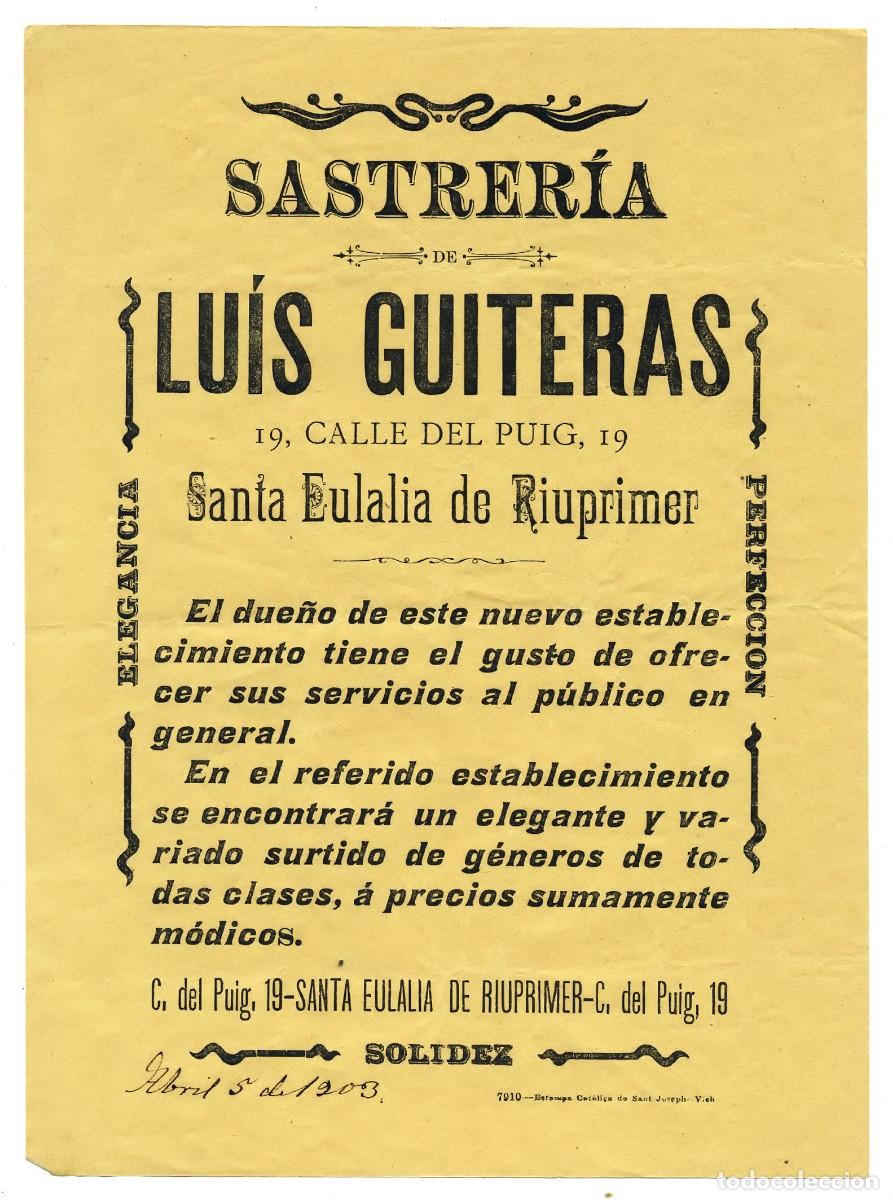 Cat&aacute;logos publicitarios: ORIGINAL HOJA DE PUBLICIDAD SASTRERIA LUIS GUITERAS SANTA EULALIA DE RIUPRIMER ABRIL 1903