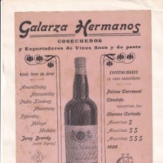 Catálogos publicitarios: PUBLICIDAD DE GALARZA HERMANOS, COSECHEROS DE VINO, PUERTO STA. MARIA, CADIZ. 26,5 X 18 CM.
