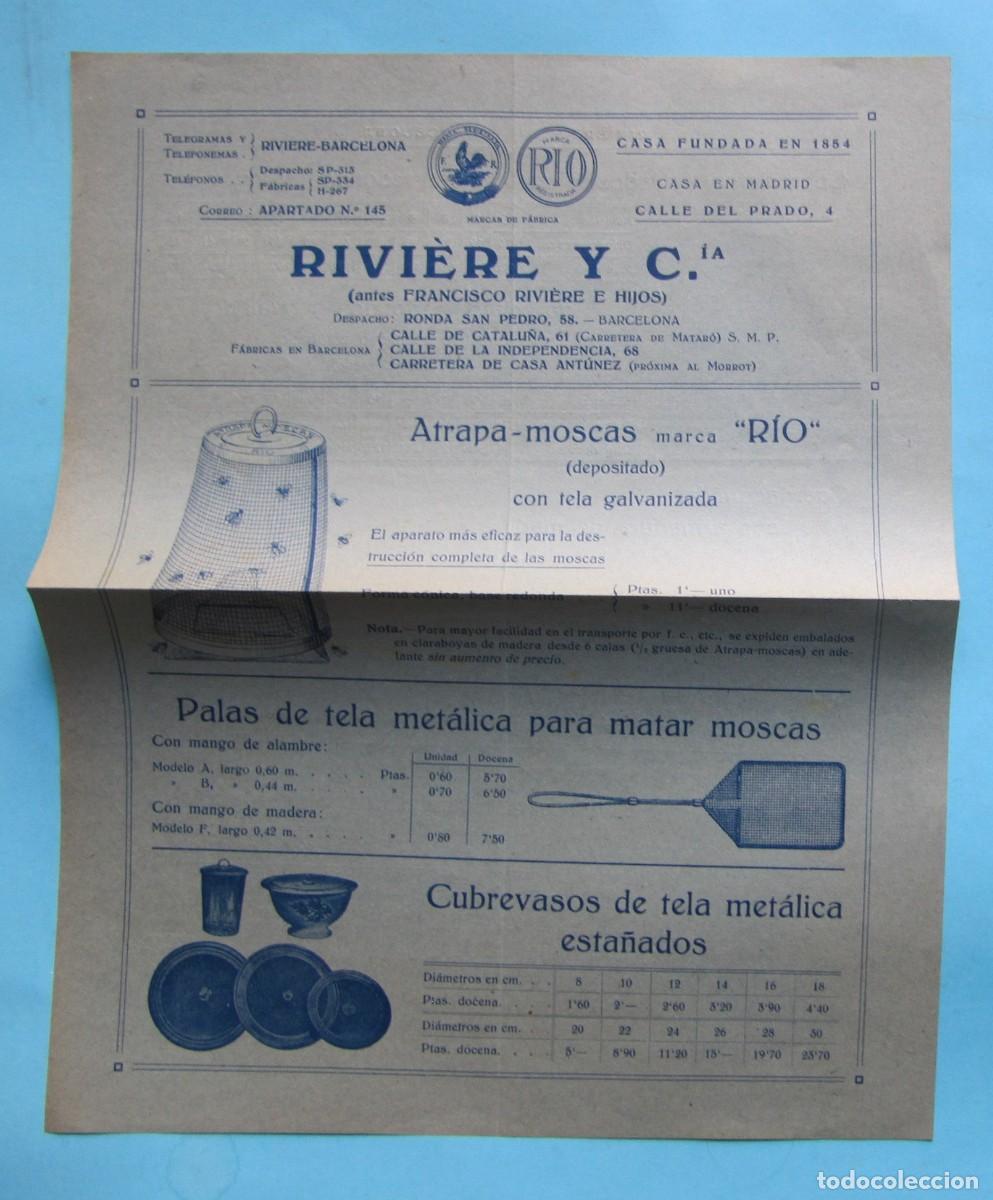 Cat&aacute;logos publicitarios: FOLLETO RIVIERE Y CIA. ATRAPAMOSCAS, PALAS PARA MATAR MOSCAS, CUBREPLATOS, ETC. BARCELONA, S/F.
