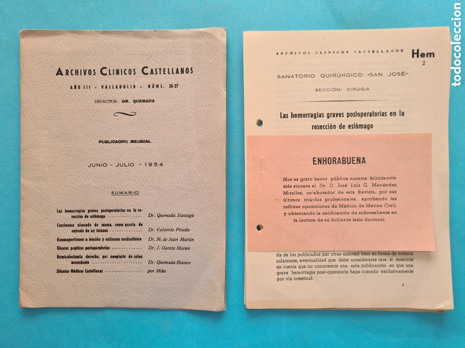 Werbekataloge: ARCHIVOS CLINICOS CASTELLANOS REVISTA DOCTOR QUEMADA 1954 VALLADOLID 6 ARTICULOS DE MEDICINA VER
