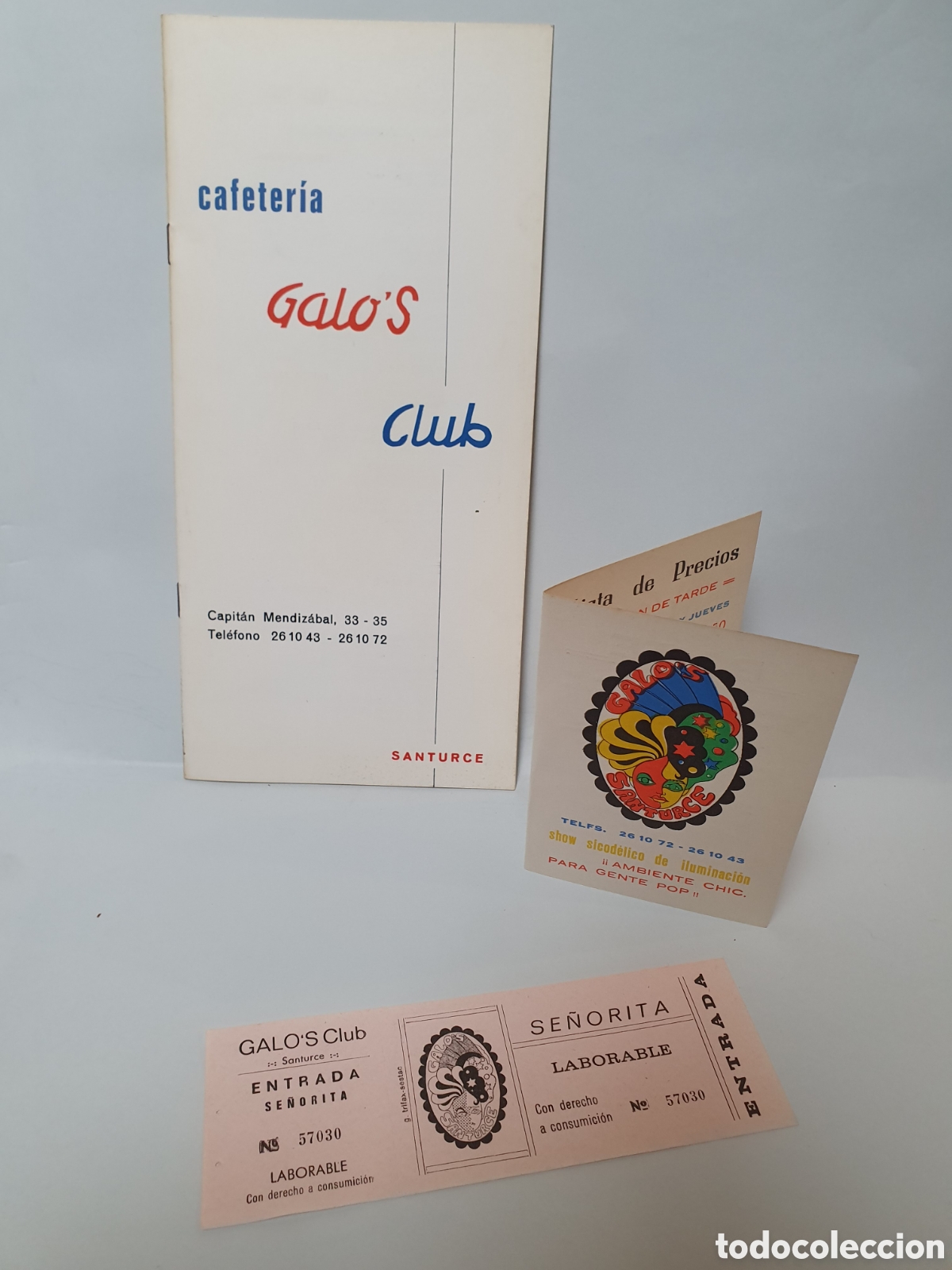 Cat&aacute;logos publicitarios: GALOS CLUB. SANTURCE. PUBLICIDAD Y MINUTAS DE LA CAFETERIA. A&Ntilde;OS 70.