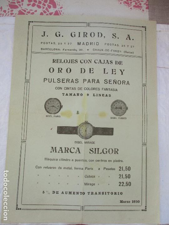 Cat&aacute;logos publicitarios: PROPAGANDA DE: J.G. GIROD, RELOJES CON CAJAS DE ORO DE LEY- MARZO 1930-, 27 X 20 CM.