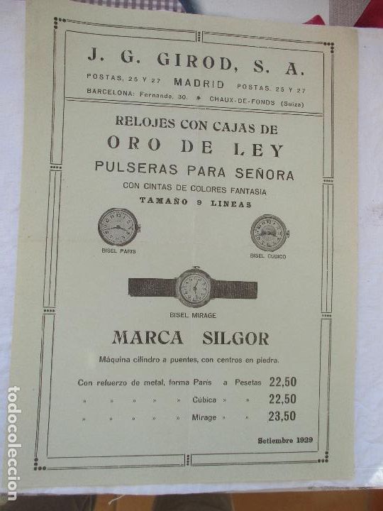 Cat&aacute;logos publicitarios: FOLLETO:J.G. GIROD-RELOJES CON CAJAS DE ORO DE LEY-MARCA SILGOR- 27X20 CM.-1929
