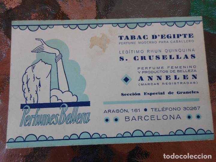 Cat&aacute;logos publicitarios: ANTIGUA TARJETA COMERCIAL.PERFUMES BELLERA. TACACO DE EGIPTO. BARCELONA