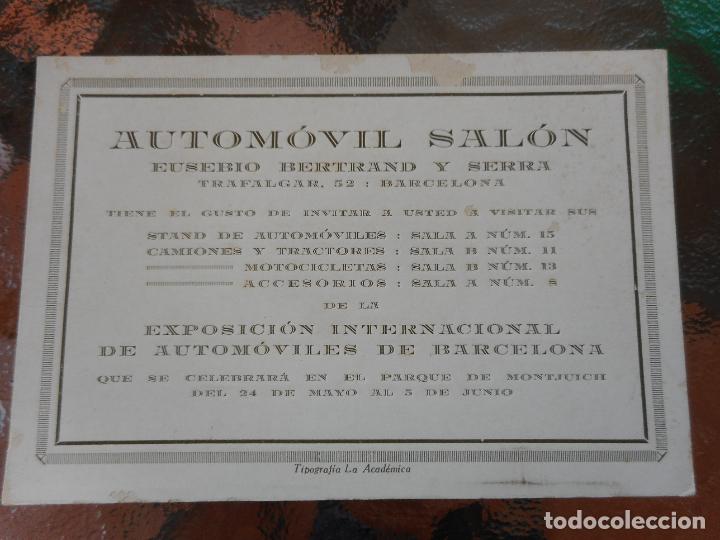 Cat&aacute;logos publicitarios: ANTIGUA INVITACION AUTOMOVIL SALON. EUSEBIO BERTRAND Y SERRA. EXPOSICION INTERNACIONAL BARCELONA