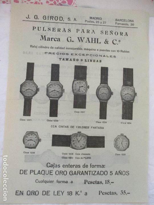 Werbekataloge: FOLLETO DE: J.G. GIROD, PULSERAS PARA SE&Ntilde;ORAS-MARCAG. WAHL & C&ordm;-1929-