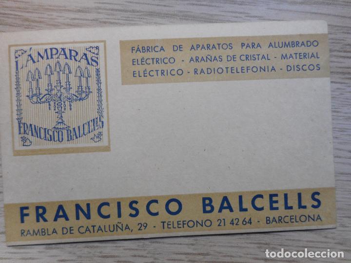 Cat&aacute;logos publicitarios: ANTIGUA TARJETA COMERCIAL FRANCISCO BALCELLS. LAMPARAS. APARATOS ALUMBRADO. BARCELONA